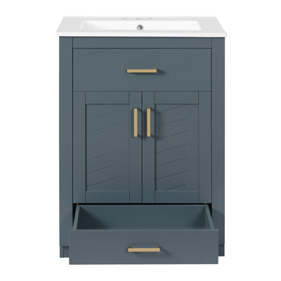 Meuble-lavabo autoportant moderne 24 po avec lavabo en céramique, tiroir basculant et 2 portes (blanc / bleu)