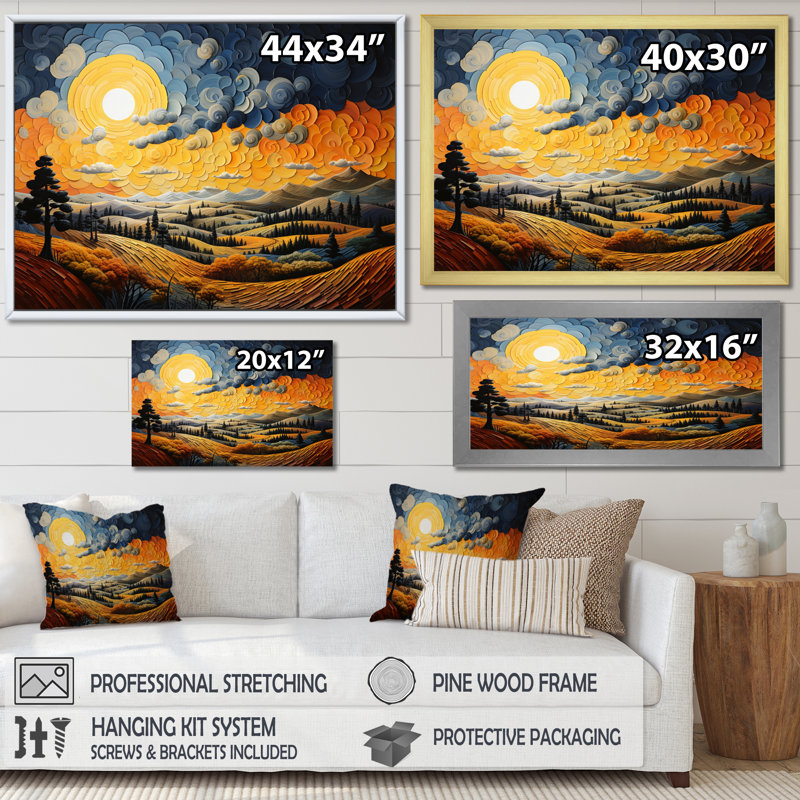 «Countryside Yellow and Blue Hills Patchwork I», reproduction sur toile, Cadre simple noir, H 34 po x l 44 po x P 1,5 po