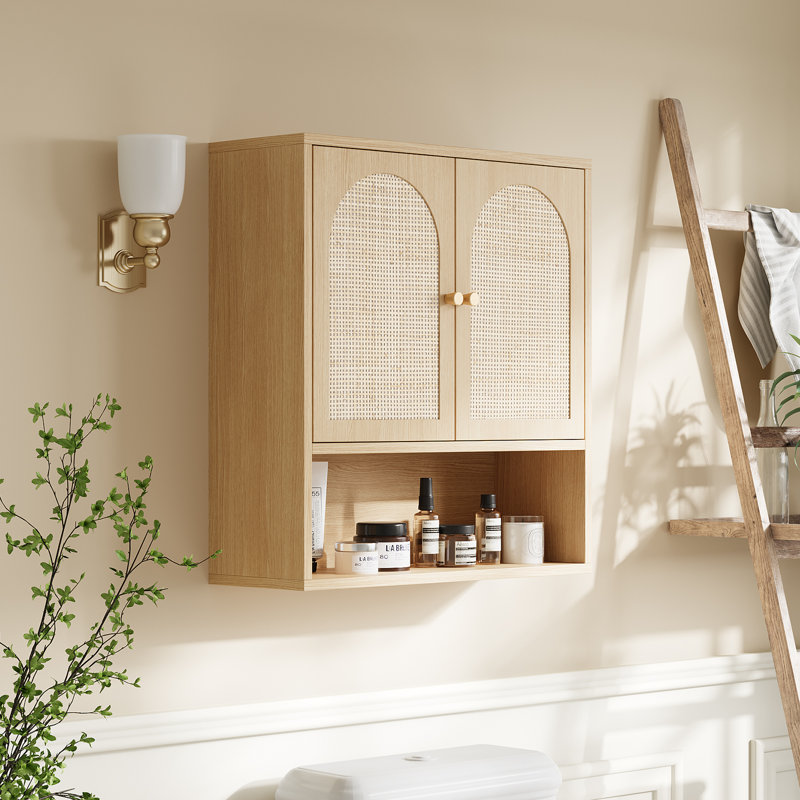 Armoire murale de salle de bain en chêne véritable rotin 2 portes et 1 tablette