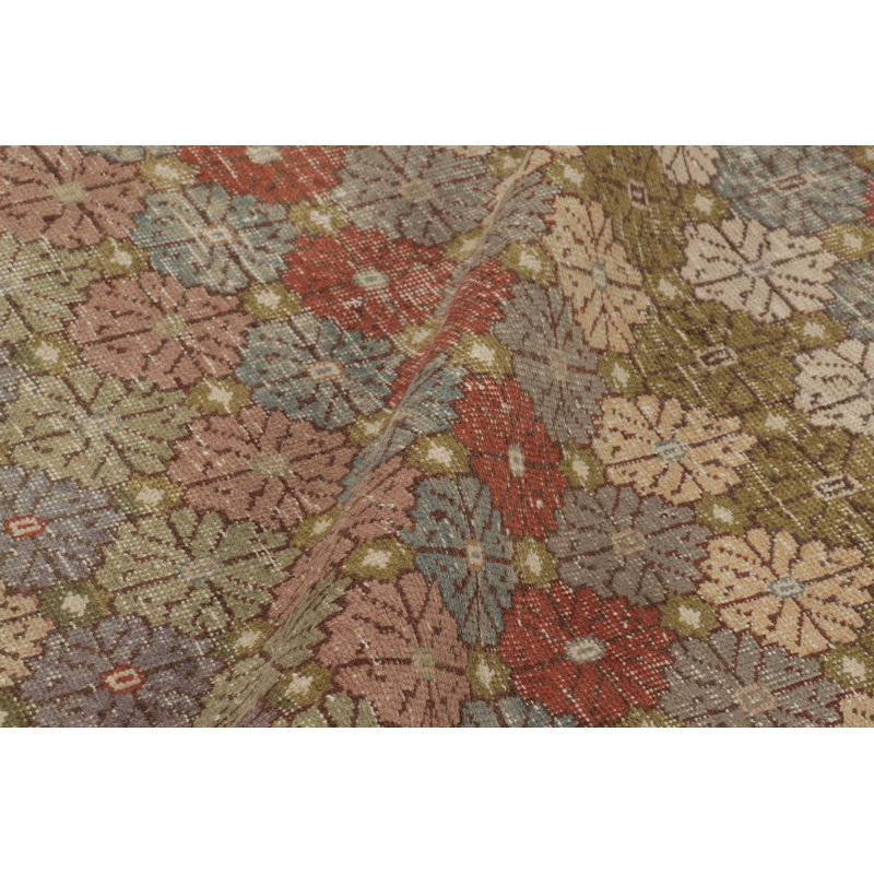 Vintage Distressed Rug, Warm Beige And Blue Geometric Floral Motif - Rug & Kilim