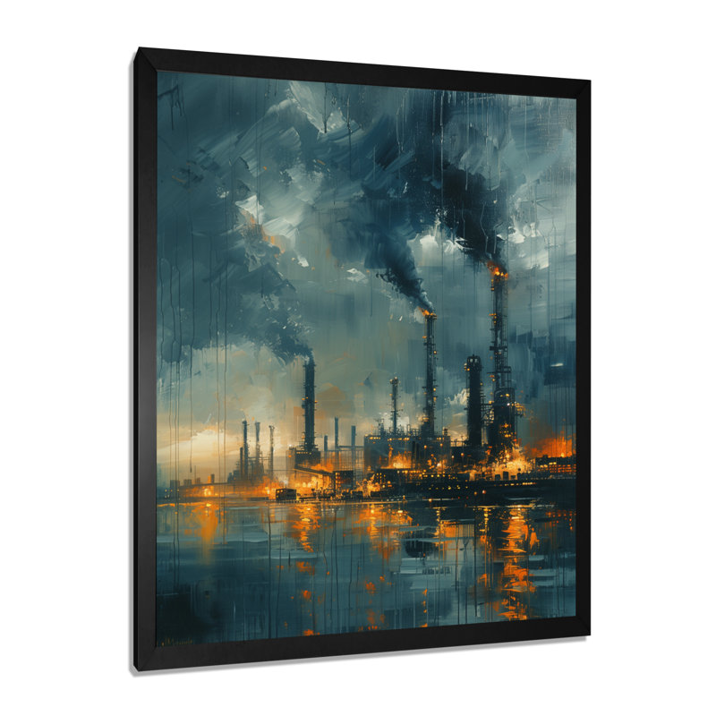 Bleu, bleu, usines, paysage industriel I - usines, décoration murale, Toile encadrée noire simple, H 32 po x l 24 po x P 1 po