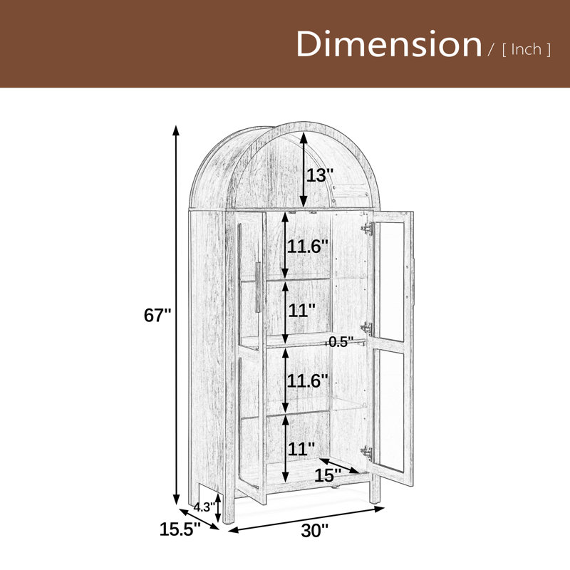 Une armoire de rangement arquée haute avec une lampe, une armoire de rangement en bois de style rétro moderne avec des cloisons en verre réglables, peut être utilisée comme armoire multifonctionnelle dans les cuisines