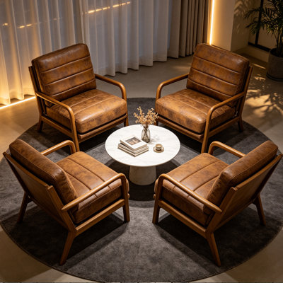 Set of 4 Elegant Mid-Century Modern Accent Chair – Solid Hardwood Frame, Premium Faux Leather Upholstery, Plush High-Density Foam Cushion, Ergonomic Reading Armchair for Living Room, Bedroom, Apartment, or Home Office