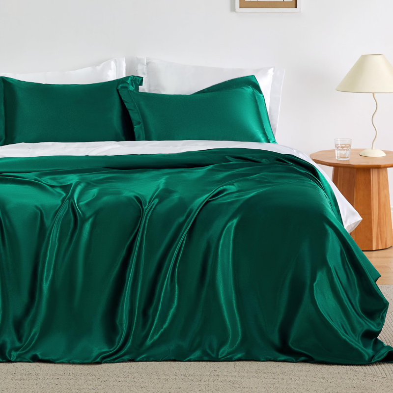 Housse de couette en satin, Vert foncé, Housse de couette pour grand lit et 2 taies décor