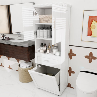 Grande armoire de salle de bain avec panier à linge, grand panier à linge inclinable et armoire de rangement supérieure, blanc