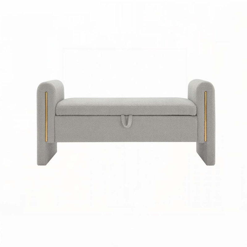 Modern Teddy Bed End Bench with Arms and Storage, Comfy Upholstered Foot Rest Stool for Living Room, Bedroom, Dorm, Gray