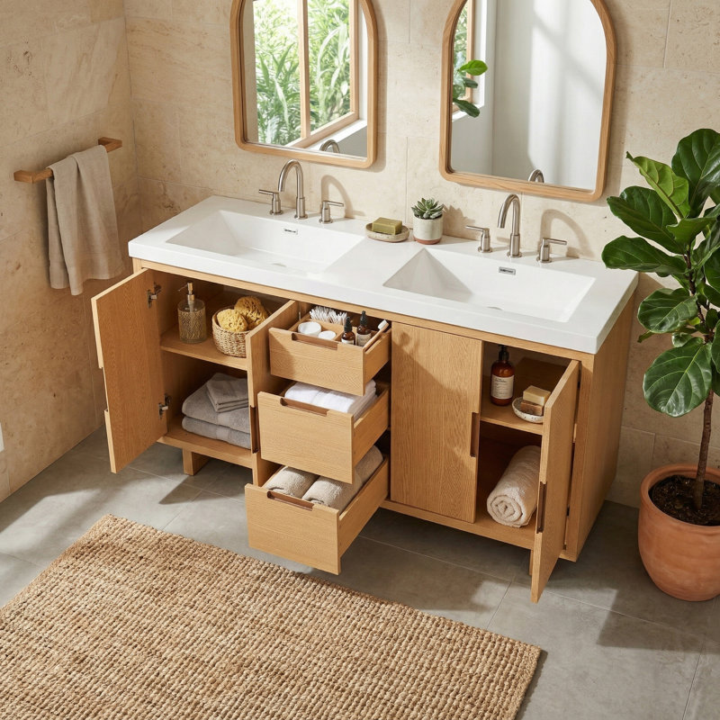 59" Modern Transitional Double Sink Bathroom Vanity With Divider Drawers