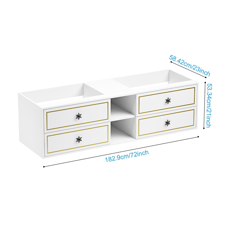 Base de meuble-lavabo flottant, base de meuble-lavabo mural seulement, avec 4 tiroirs et 2 tablettes, sans plateau, blanc