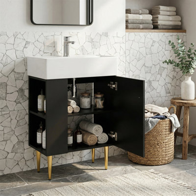 Meuble-lavabo 21,6 po avec lavabo simple en céramique, armoire combinée et rangement à gauche - noir