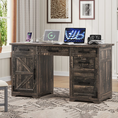 Bureau de direction 55 po rustique gris avec station de charge - Bureau d'ordinateur à 5 tiroirs avec rangement pour dossiers