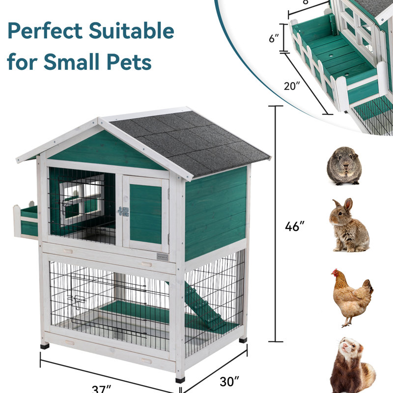 Lapin en bois massif à 2 étages avec plateau coulissant - Toit imperméable pour 1 à 2 lapins, cochons d'Inde, cage à hamsters et bois, furet de lapins en forme