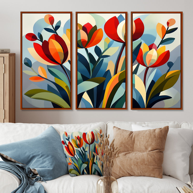 «Green Mid Century Mod Nature Tulip V», ensemble d'art mural abstrait Mid-Century, Toile avec cadre flottant brun