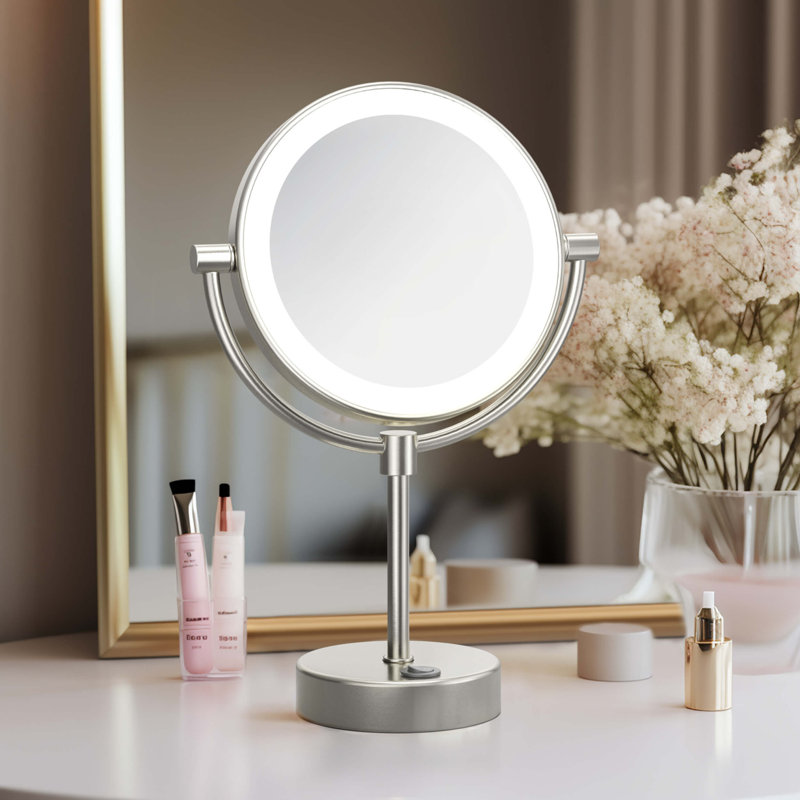 Circular LED Free Standing Magnifying Make Up Mirror, Brushed Nickel