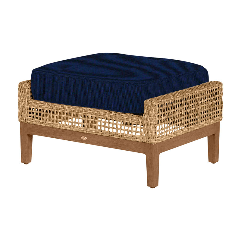 Peninsula Outdoor Ottoman with Cushion, Indigo Velvet, Light Raffia/Natural Sandalwood, Welt + Standard fill