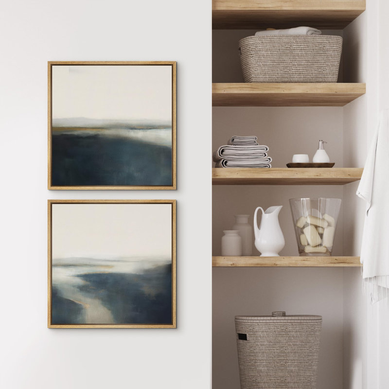Ensemble de 2 paysages encadrés sur toile marine et gris marine, H 24 po x l 24 po, Natural Floater Framed