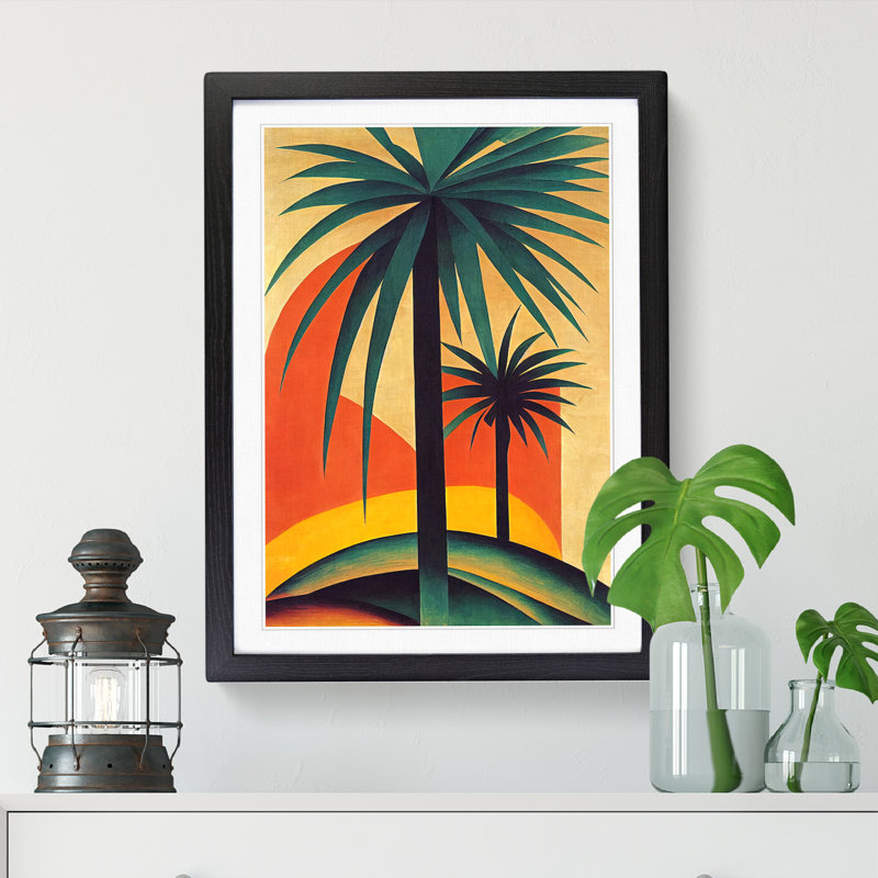 Palm Tree Retro Art - Single Picture Frame Print, Black, 34cm H x 25cm W x 2cm D
