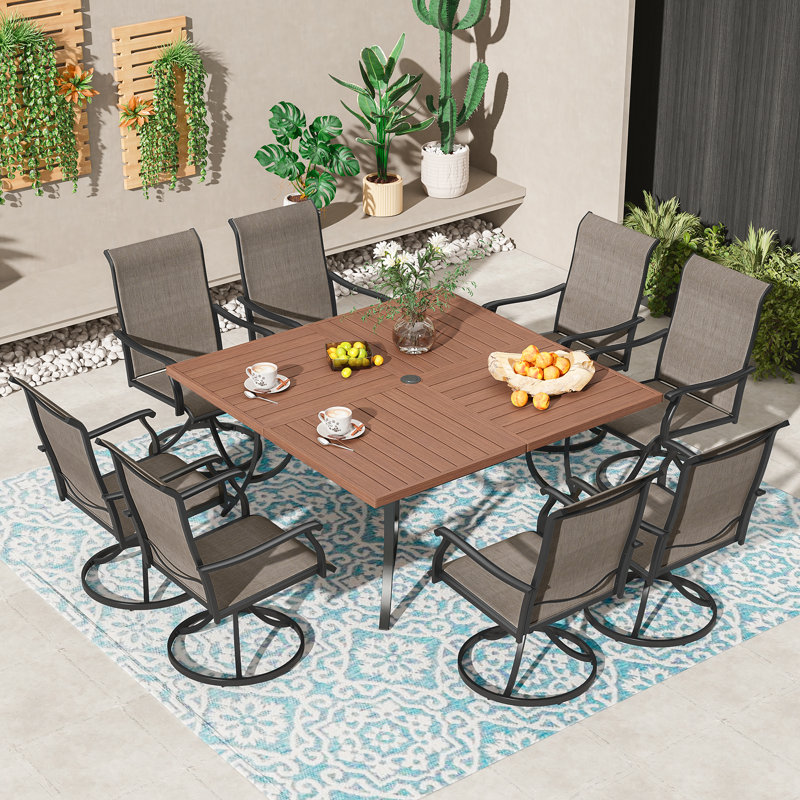 9 Piece Square Outdoor Dining Set With Swivel Chair, Brown