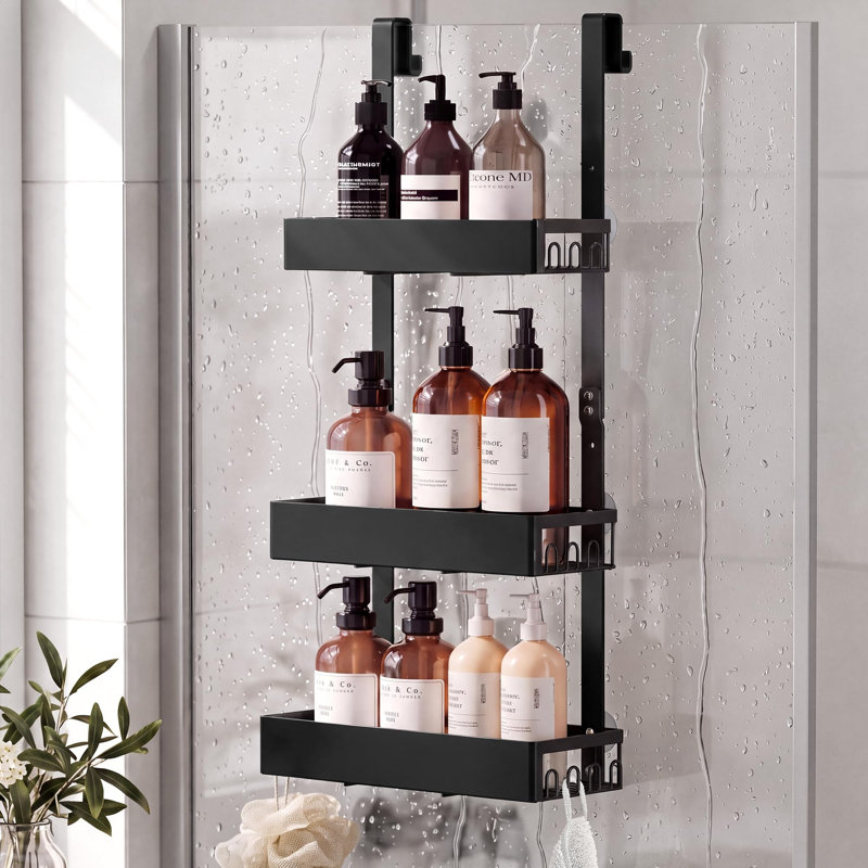 3‑Tier Over‑the‑Door Hanging Shower Caddy, Steel No‑Drilling Bathroom Storage Organiser, Black