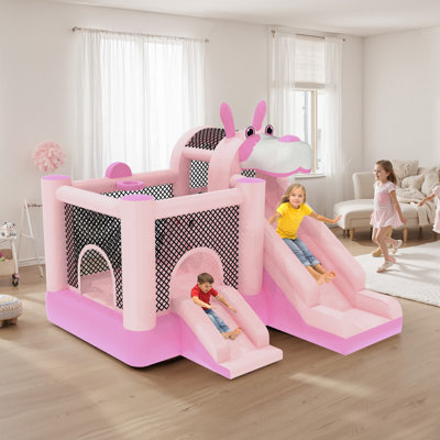 Jeu gonflable pour enfants de 3 à 10 ans avec souffleur, grand rebond gonflable avec zone de rebond à double glissade, glissade de saut à l'intérieur et à l'extérieur pour la fête d'anniversaire dans la cour - rose
