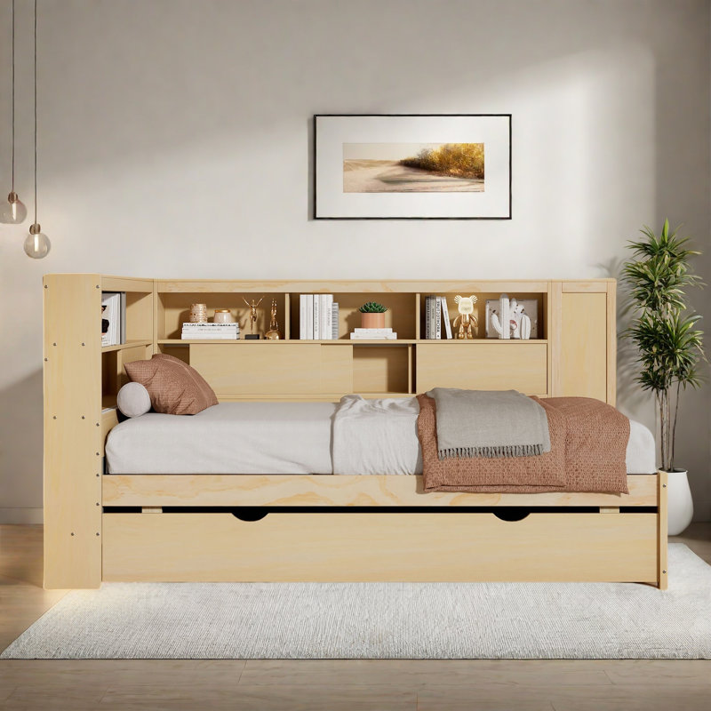 Wood Daybed With Storage Shelves, Charging Station And Trundle, Natural