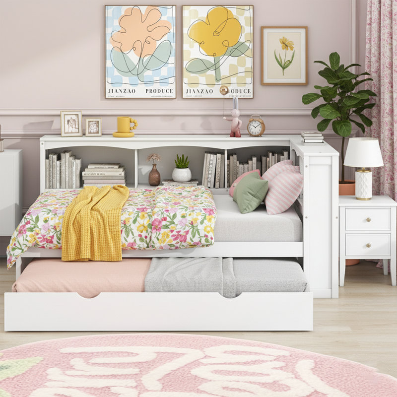 Lit de jour simple blanc avec couchette - Armoires de rangement, ports USB, assemblage sans outil, Blanc