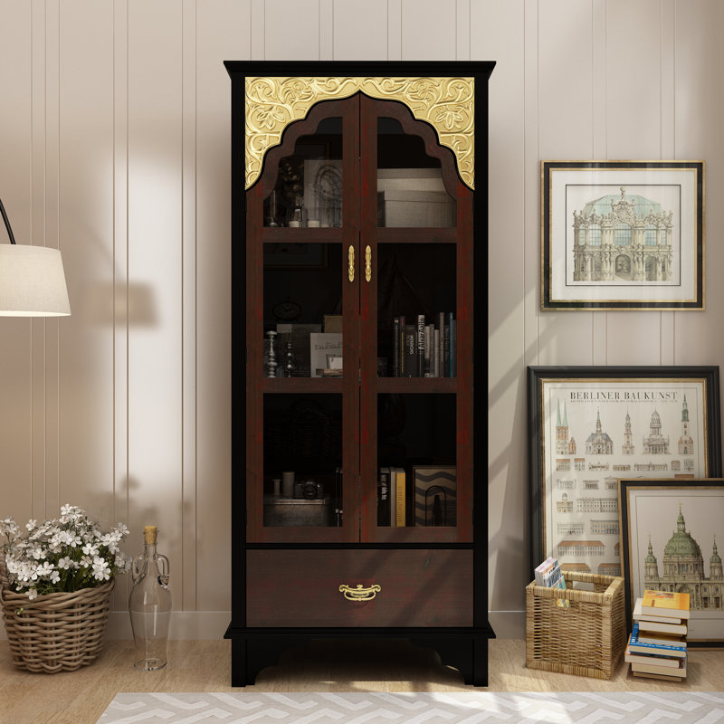  Benevento 70.9"H Rectangular 3-Tier Bookcase With Glass Doors And Drawers, Dark Brown/Gold