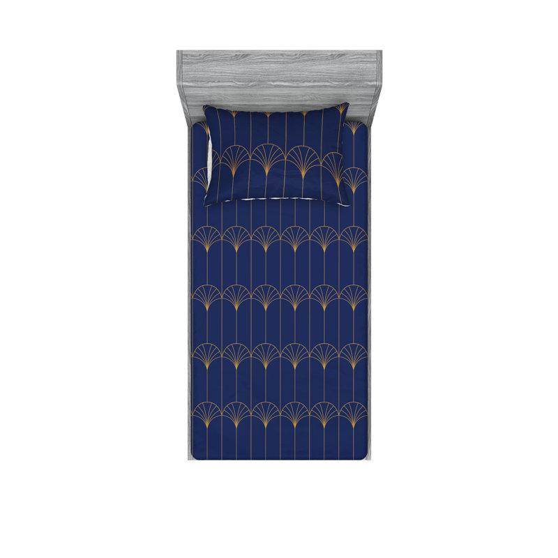  Ensemble de draps en microfibre géométrique, Ensemble de draps pour lit simple avec 1 taie d'or, Bleu marine