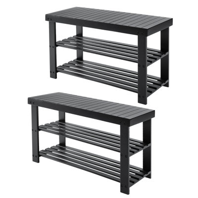 (2 Pack) 6-9 Pair Capacity Natural Bamboo Shoe Bench, 3-Tier Storage Stool, Entryway/Bed End Seating Bench
