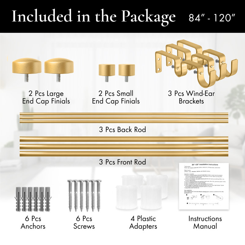 Gwinnett Adjustable Double Curtain Rod, Gold, 84" - 120"
