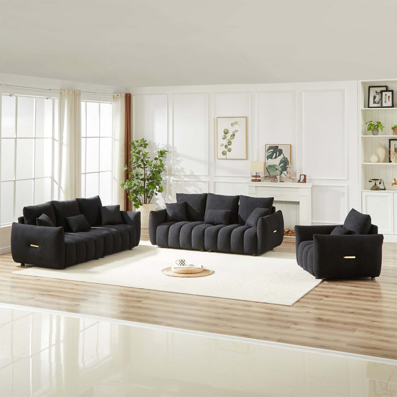 Ensemble de canapé moderne en tissu avec structure en bois, 7 coussins, parfait pour les espaces de vie compacts et le confort élégant.