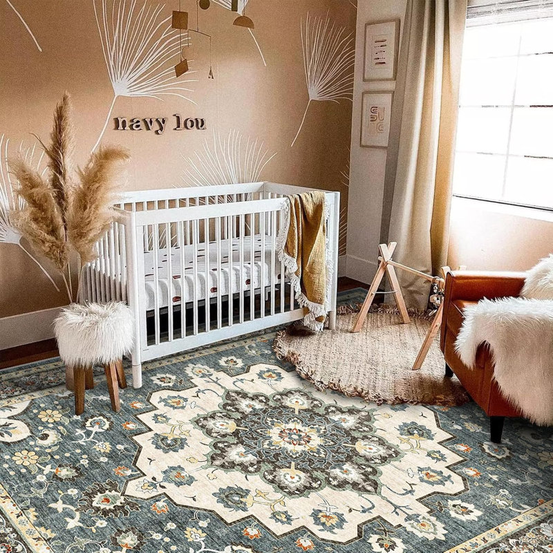 Washable Oriental Hallway Rug - Rugs for Living Room Soft Carpet for Bedroom Kitchen Waterproof Floral Distressed Indoor Stain Resistant Non-Shedding Floor Carpets (Blue)