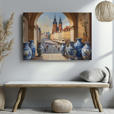 Canvas Golden Hour Archway European Plaza View With Baroque Ceramics Wall Art Ready To Hang Gallery Wrapped Home Decor Modern Design