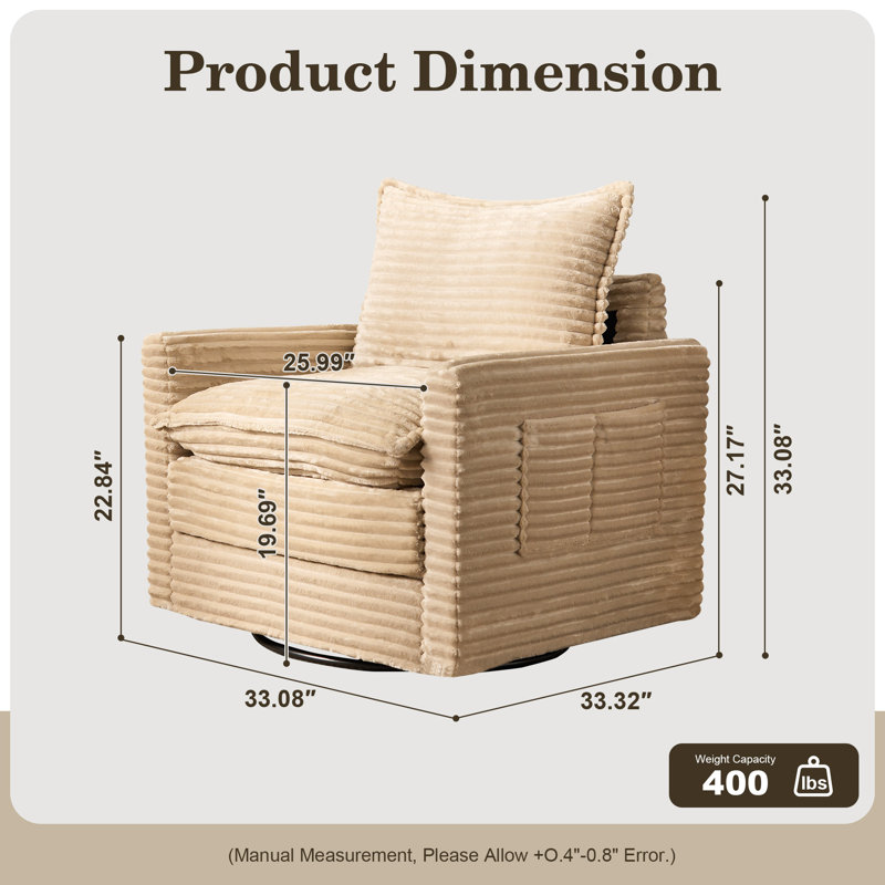 Upholstered Plush Corduroy Swivel Armchair , Beige