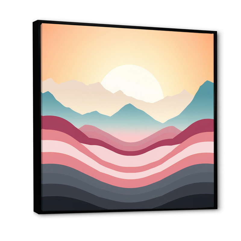 «Bold Graphic Sunset in Teal and Pink I», reproduction sur toile, Cadre flottant noir, H 24 po x l 24 po x P 1 po