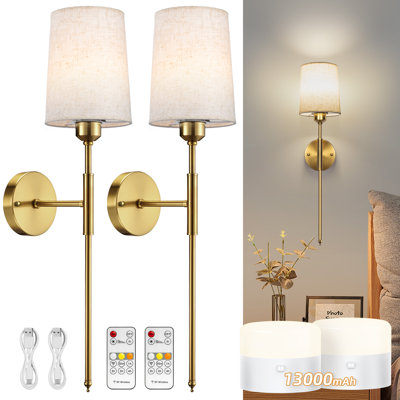 Battery Operated Wall Sconce, Rechargeable Wall Sconce With Remote, Dimmable Wireless Wall Sconces Set Of Two, White Fabric Wall Lamp With Bulbs, No Wiring Gold Wall Light For Bedroom