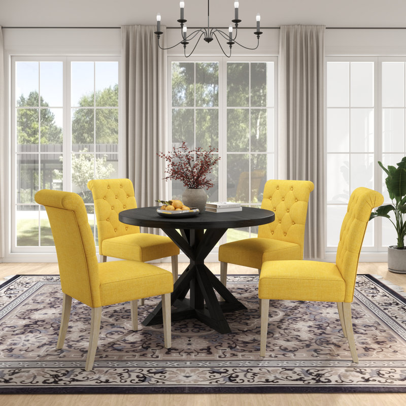 August Grove® Coit 5-Piece Dining Set, Cross-Buck Round Table With 4 Tufted Chairs, Yellow