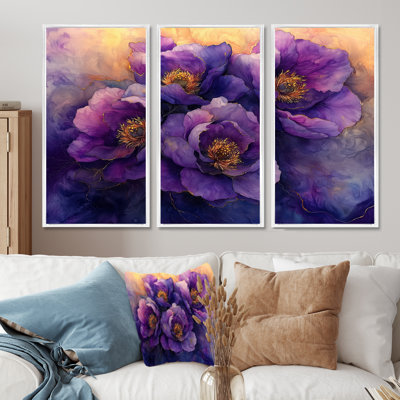 Golden Lavender Peonies Flowers Serenity II - Peonies Large Wall Art - 3 Panels
