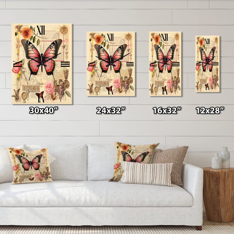 Illustration rétro d'une horloge murale papillon romantique I, Moyen