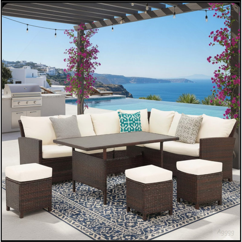 Ensemble de salle à manger 7 pièces en osier pour patio, canapé modulaire à 9 places avec coussins ivoire et table de salle à manger