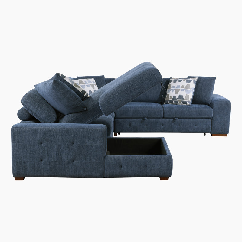 Odesser 4-Piece Chenille Sectional Sofa Sleeper with Chaise, Blue Chenille, Left Hand Facing