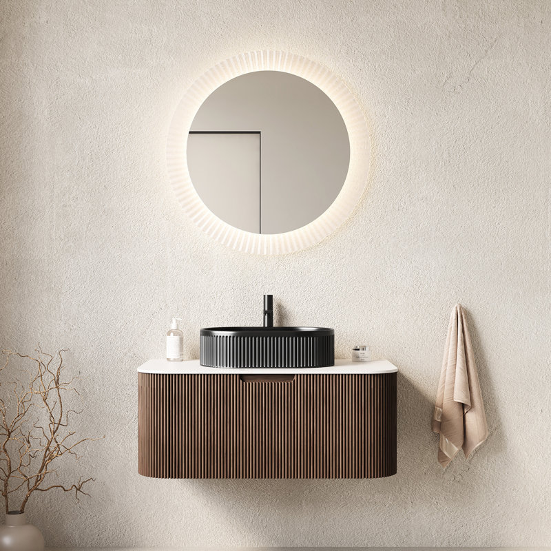 Meuble-lavabo de 36 po avec vasque en céramique noire, armoire à rayures 3D murale, noyer foncé, tiroir à fermeture en douceur, lavabo ovale moderne pré-assemblé, cuve à haute dureté, rangement spacieux, système de tiroir