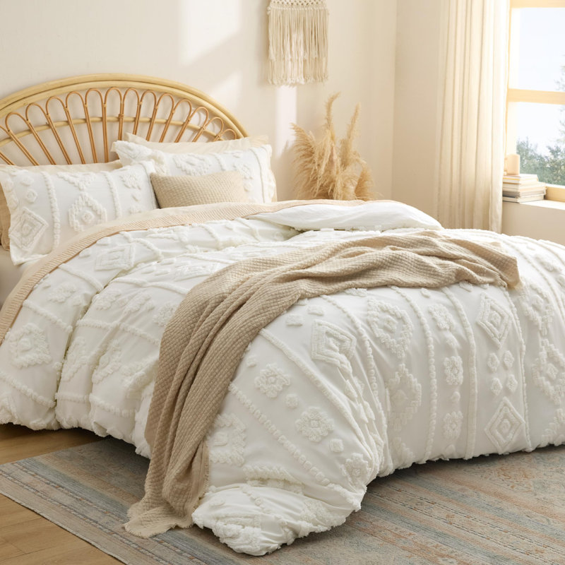 Bedsure King Size Boho Tufted Duvet Cover Set - White Jacquard Embroidery, Farmhouse  Bedding Ensemble, 3 Piece, Ivory white