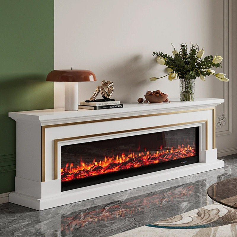 White Solid  Wood TV Cabinet Fireplace, White, 27.56” H x 70.87” W x 12.6” D
