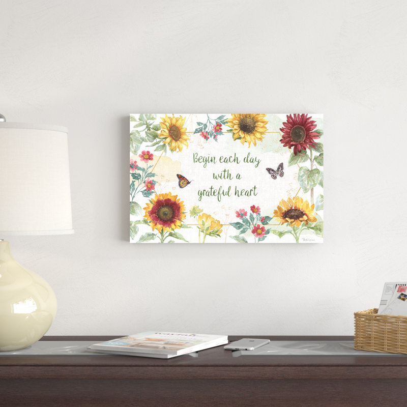 «Sunflower Splendor I» par - Art textuel sur toile tendue, H 12 po x l 18 po, Imprimé à cadre doré, Blanc