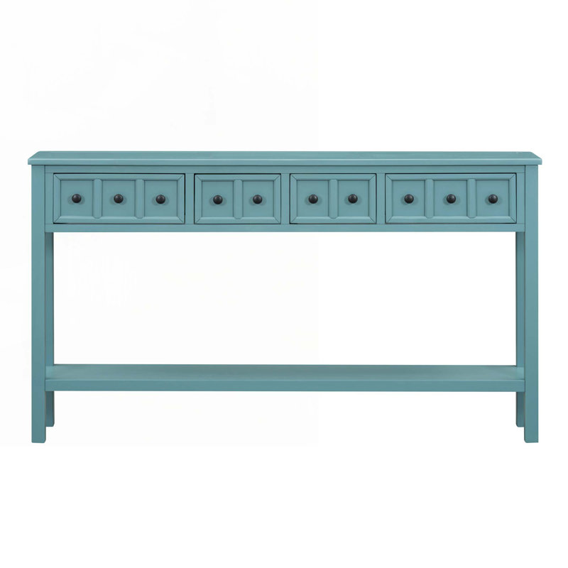 Wood Console Table with two Different Size Drawers, Bottom Shelf, Turquoise Green