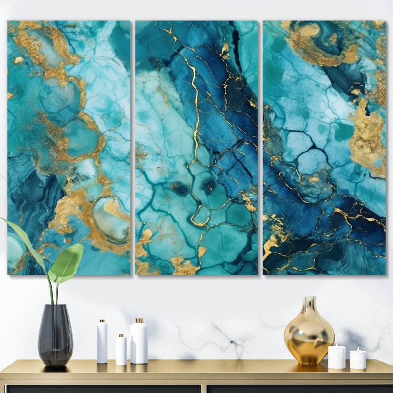 Turquoise de luxe, art fluide abstrait VII sur toile, reproduction de 3 pièces, H 32 po x l 48 po x P 1 po