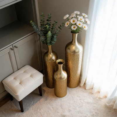 Gold Leaf Metal Cylinder Vases Set of 3, 32.3 Inch, Home Decor