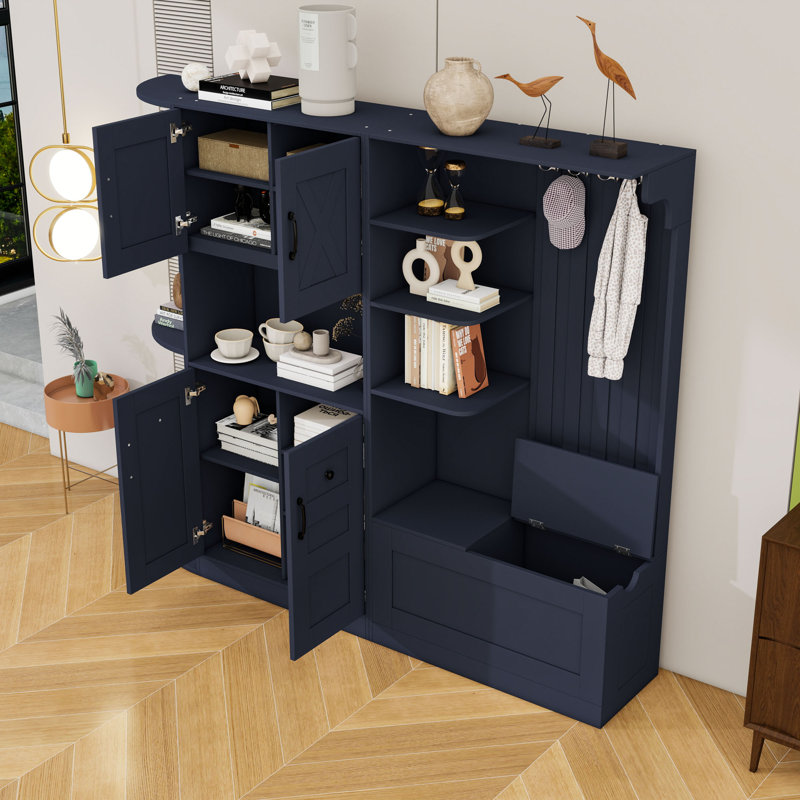 Armoire d'entrée avec tablettes et 4 crochets, Bleu antique