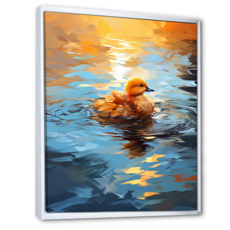 «Yellow Duck Morning Quack Lake» - art mural animal canard, Cadre flottant blanc, 44" H x 34" W
