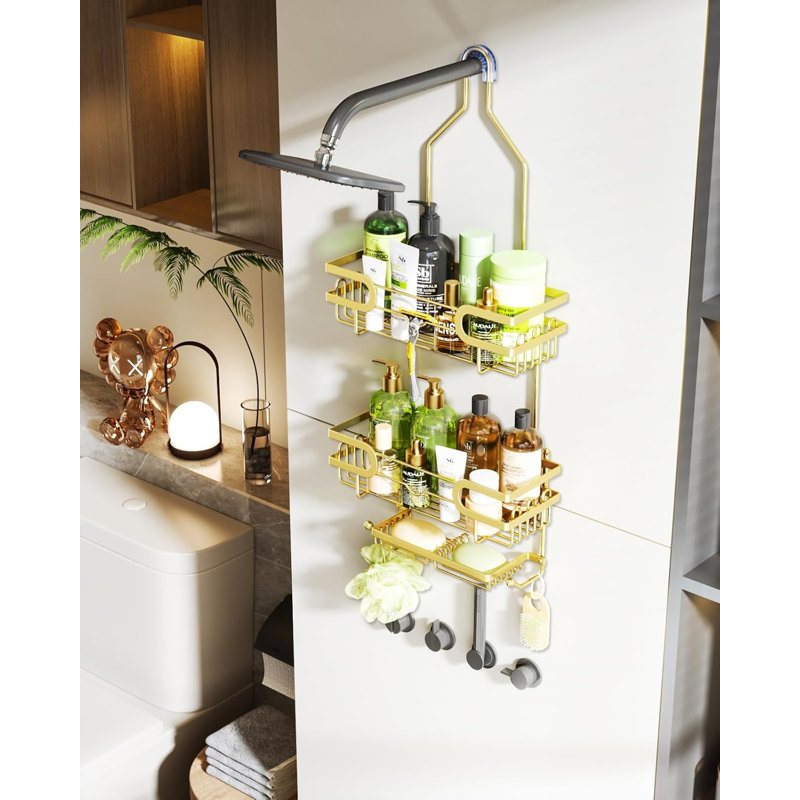 Serviteur de douche Hapirm avec 12 crochets et 2 porte-savons, organisateur de salle de bain en acier inoxydable antirouille, tablette de douche suspendue sans perceuse
